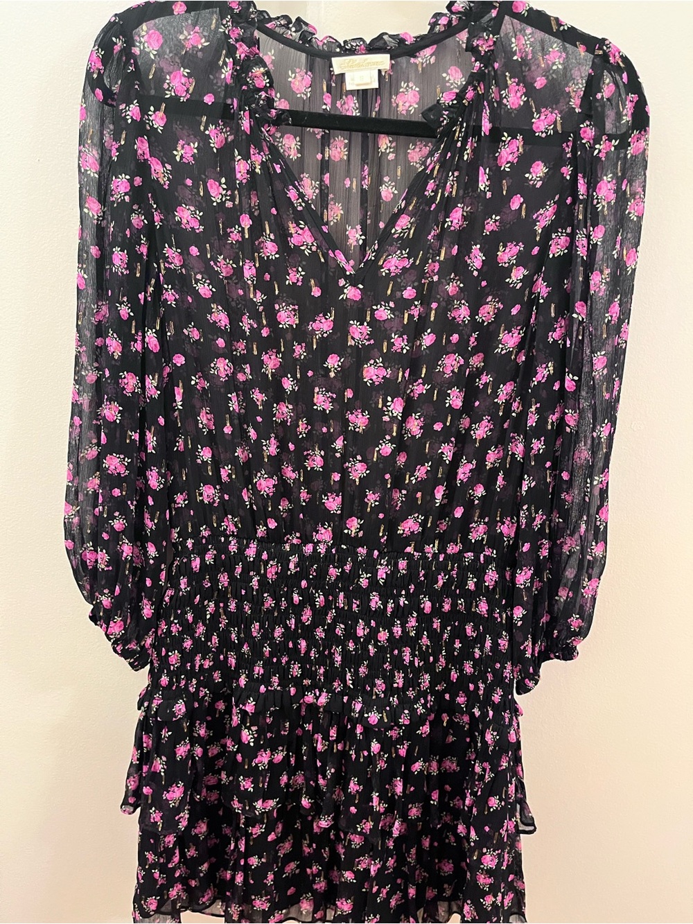 Shoshanna Black Floral Chiffon Tiered Dress with Hot Pink Floral Print - Size 6